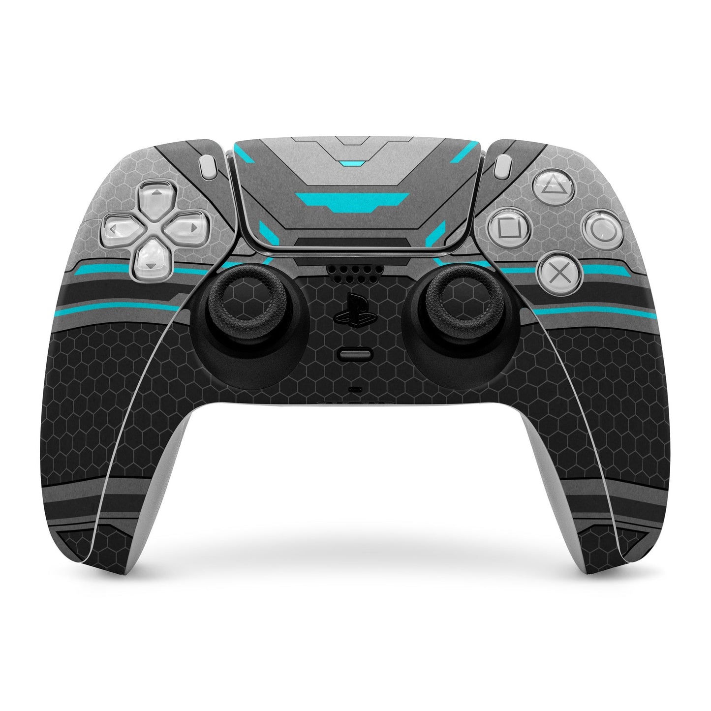PS5 controller skin with gray hex pattern and blue accents over button and stick areas