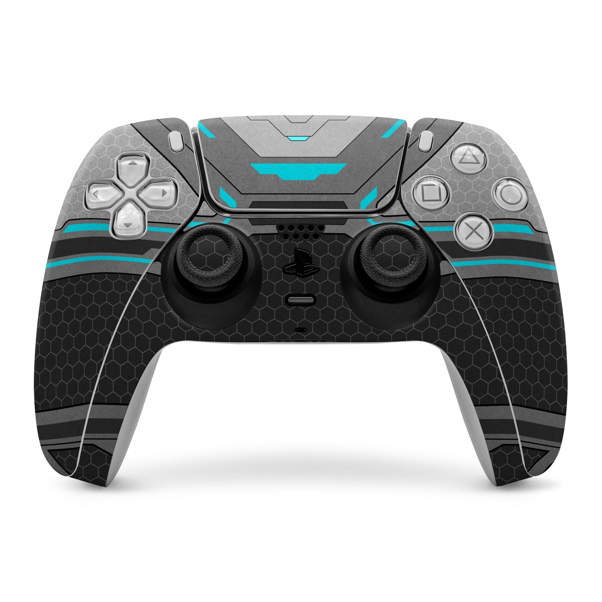 PS5 controller skin with gray hex pattern and blue accents over button and stick areas