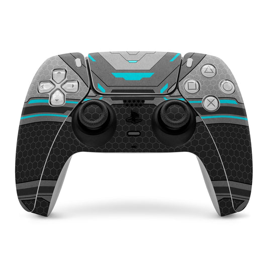 PS5 controller skin with gray hex pattern and blue accents over button and stick areas