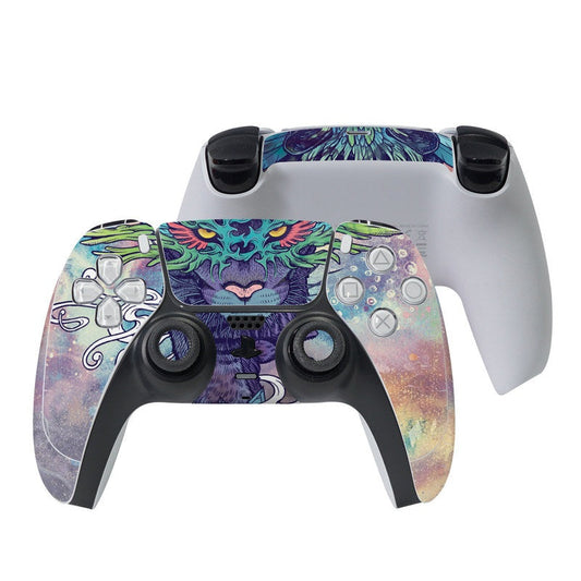 PlayStation 5 controller skin with colorful spectral cat face artwork and button cutouts