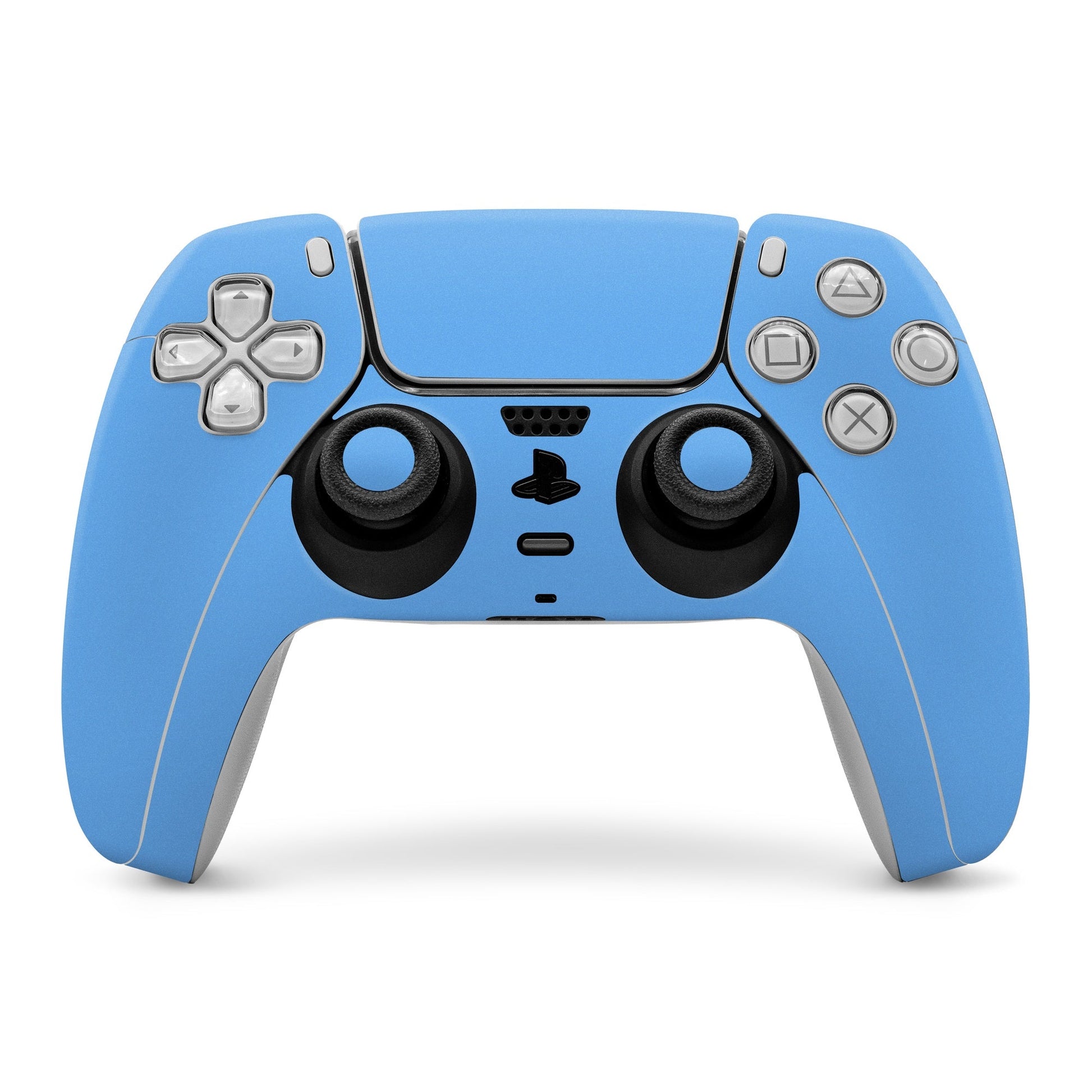 Blue PS5 controller skin with cutouts for thumbsticks and buttons, front view