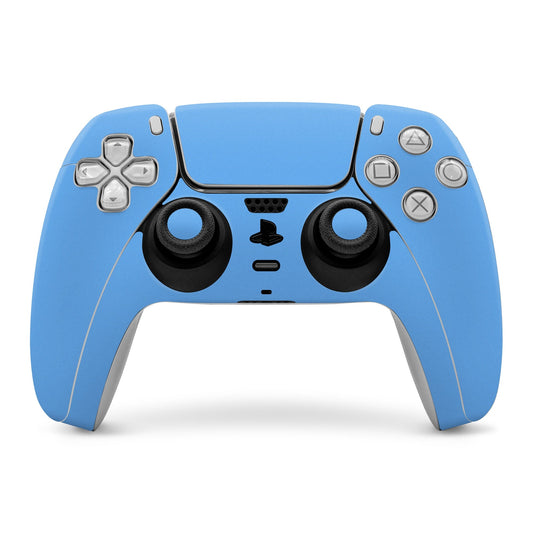Blue PS5 controller skin with cutouts for thumbsticks and buttons, front view