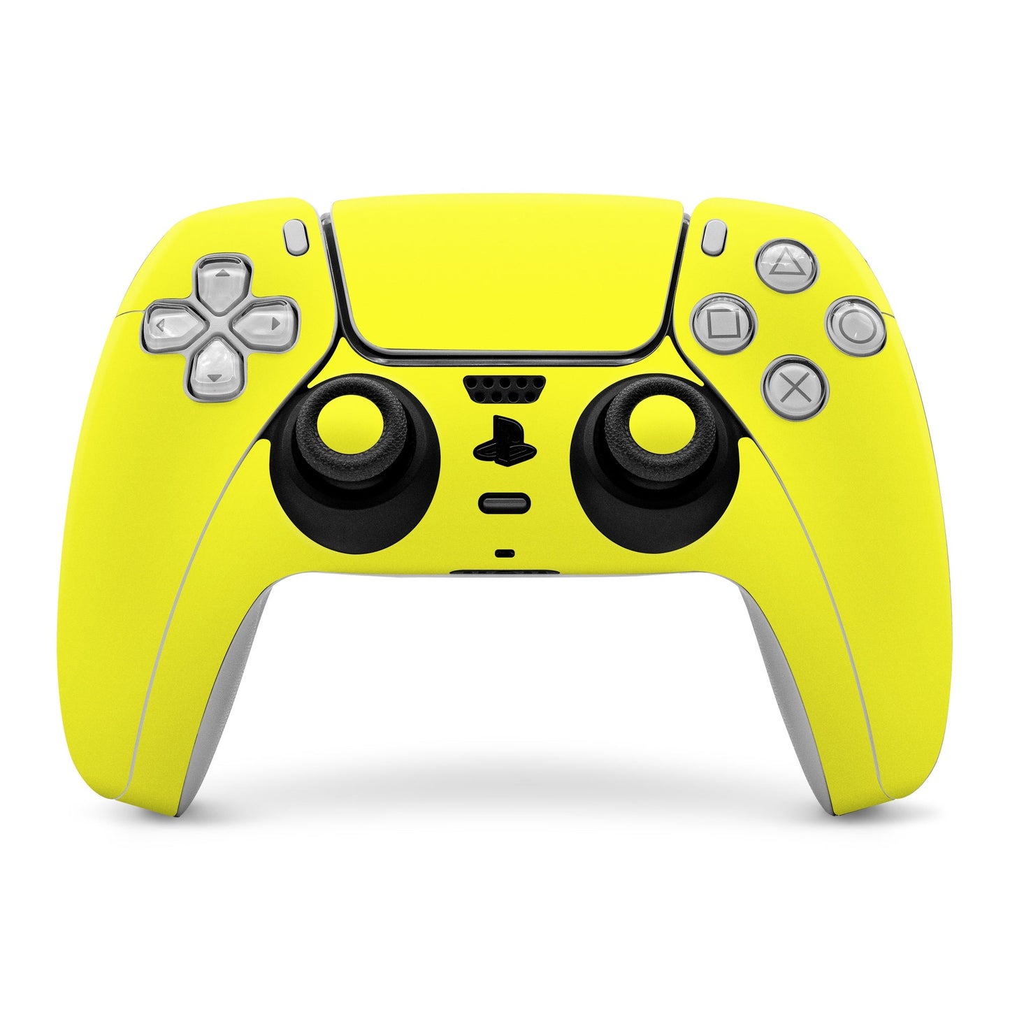 Yellow PS5 controller skin with black grips and button cutouts