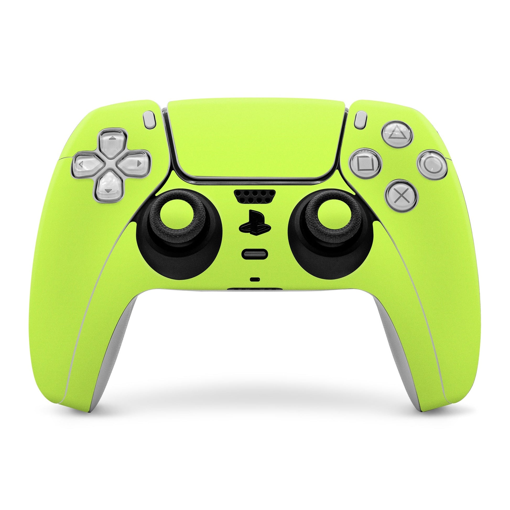 Lime green PS5 controller skin, molded front panel with thumbsticks and buttons