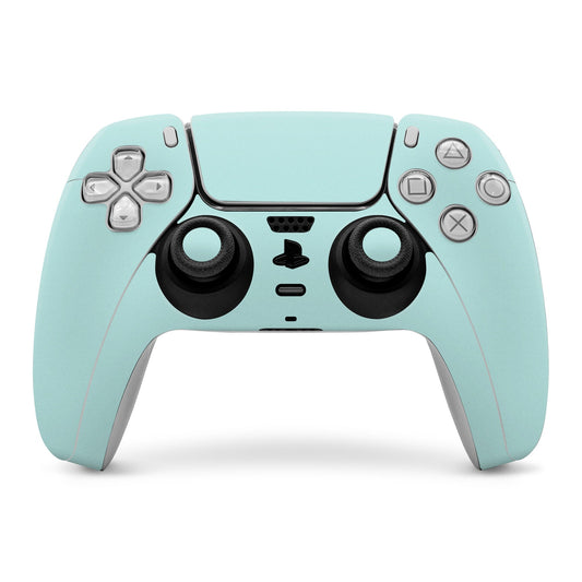 Mint blue PS5 controller skin covering front buttons and thumbsticks