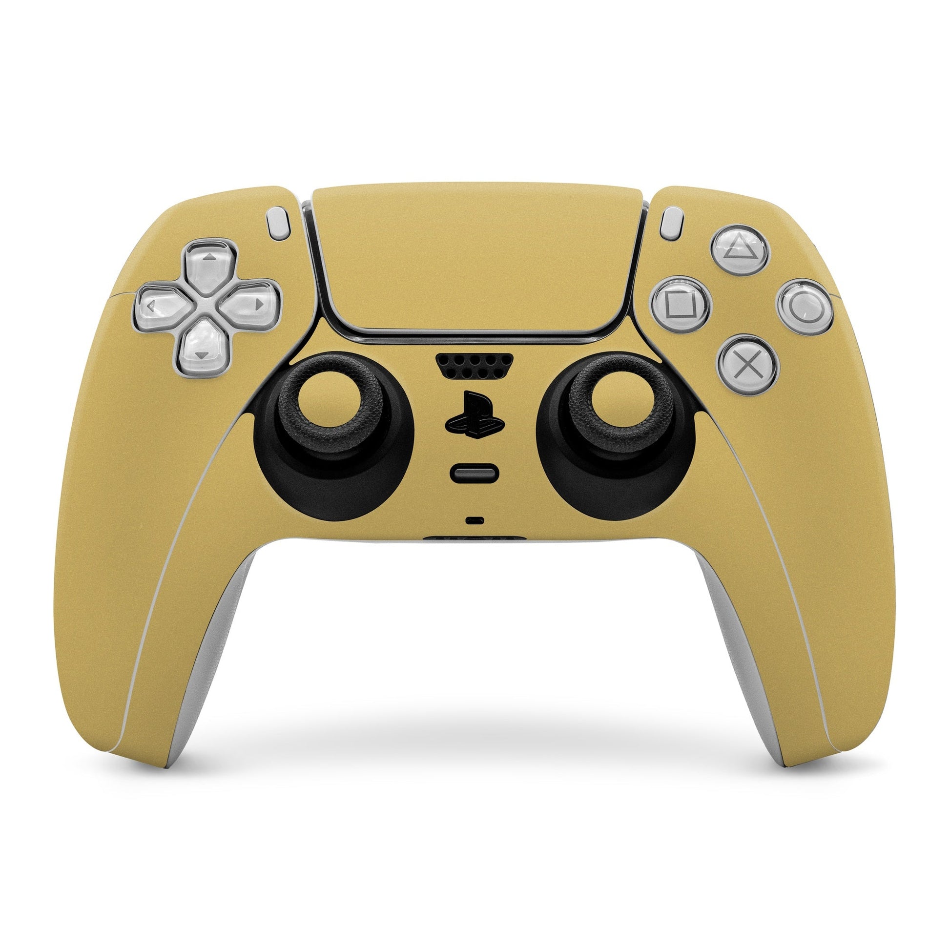 Mustard yellow PS5 controller skin covering front buttons and grips