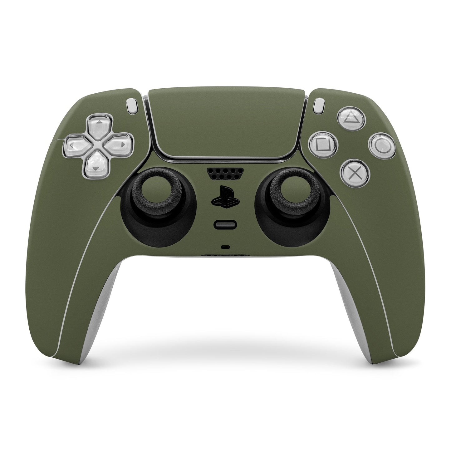 Olive drab PS5 controller skin with touchpad, buttons, and analog stick cutouts