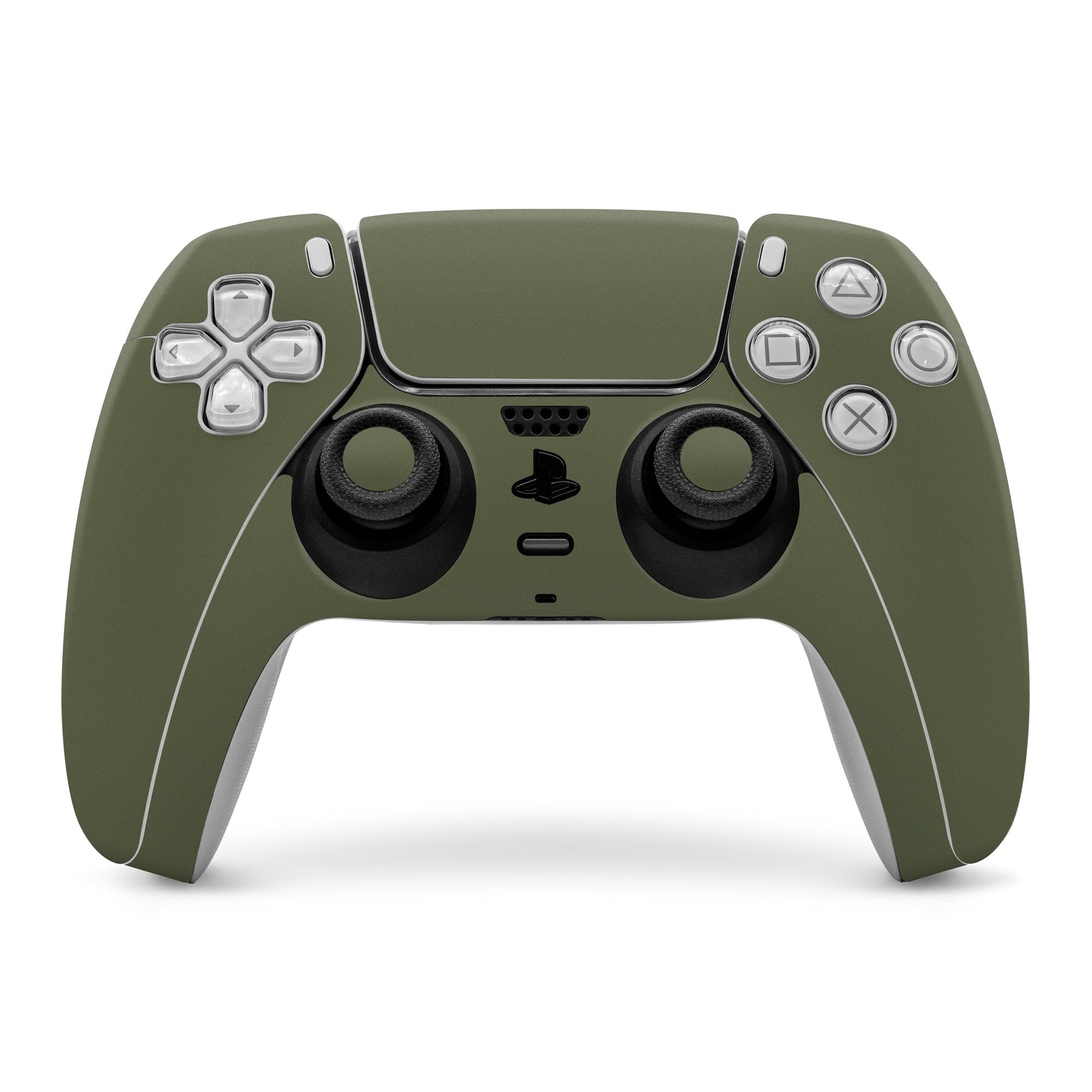 Olive drab PS5 controller skin with touchpad, buttons, and analog stick cutouts