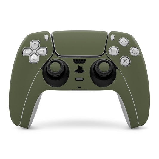 Olive drab PS5 controller skin with touchpad, buttons, and analog stick cutouts