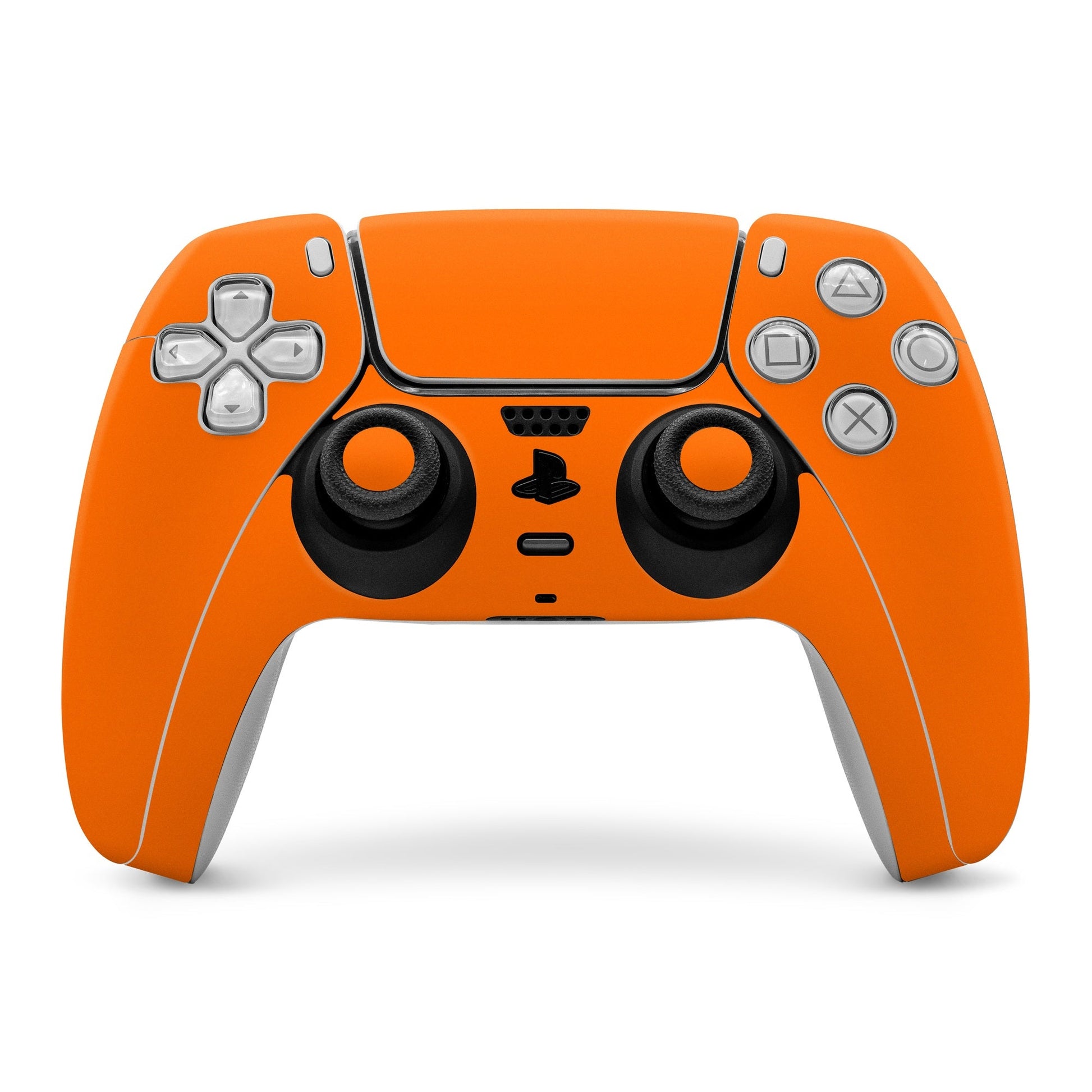 Orange PS5 controller skin with black thumb grips and silver button accents