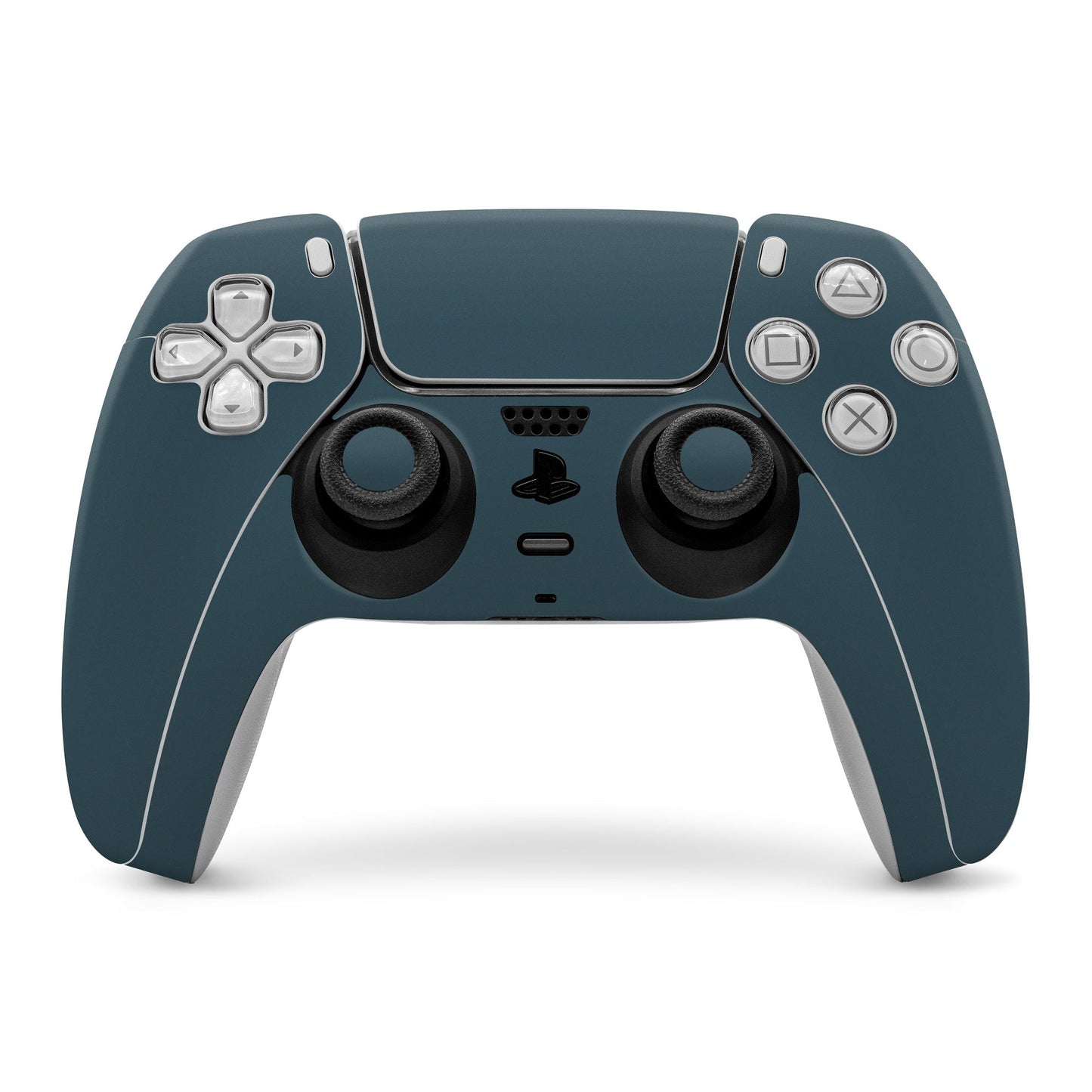 Dark teal PS5 controller skin covering front and buttons, with analog stick cutouts