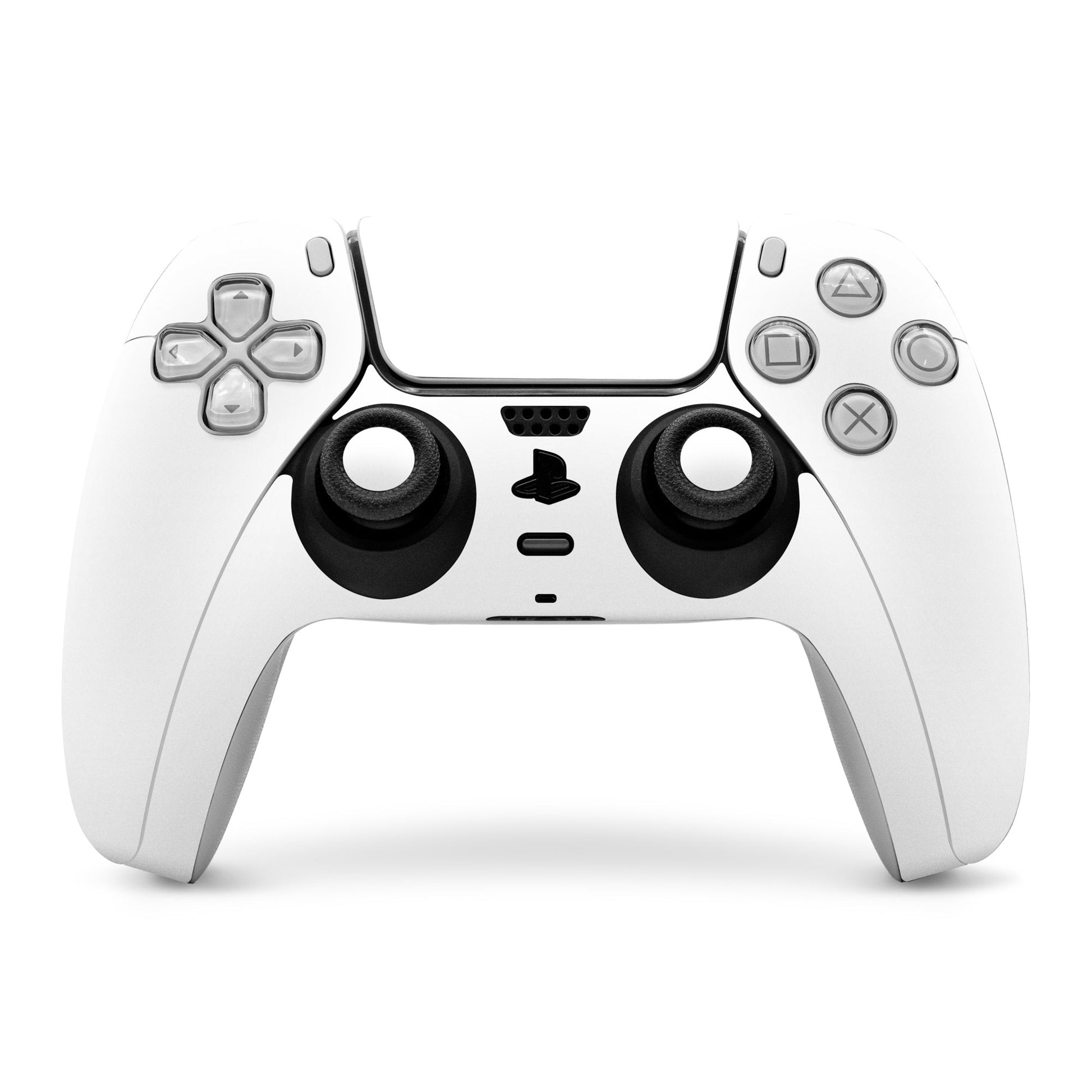White PS5 controller skin covering front buttons and touchpad on a DualSense controller