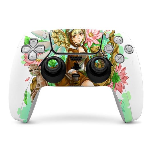 PS5 controller skin with steampunk angel artwork and floral accents covering grips
