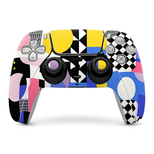PlayStation 5 controller skin with colorful geometric pattern and thumbstick cutouts