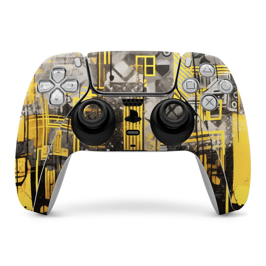 Sony PS5 controller skin with abstract yellow and gray graphics, cutouts for buttons