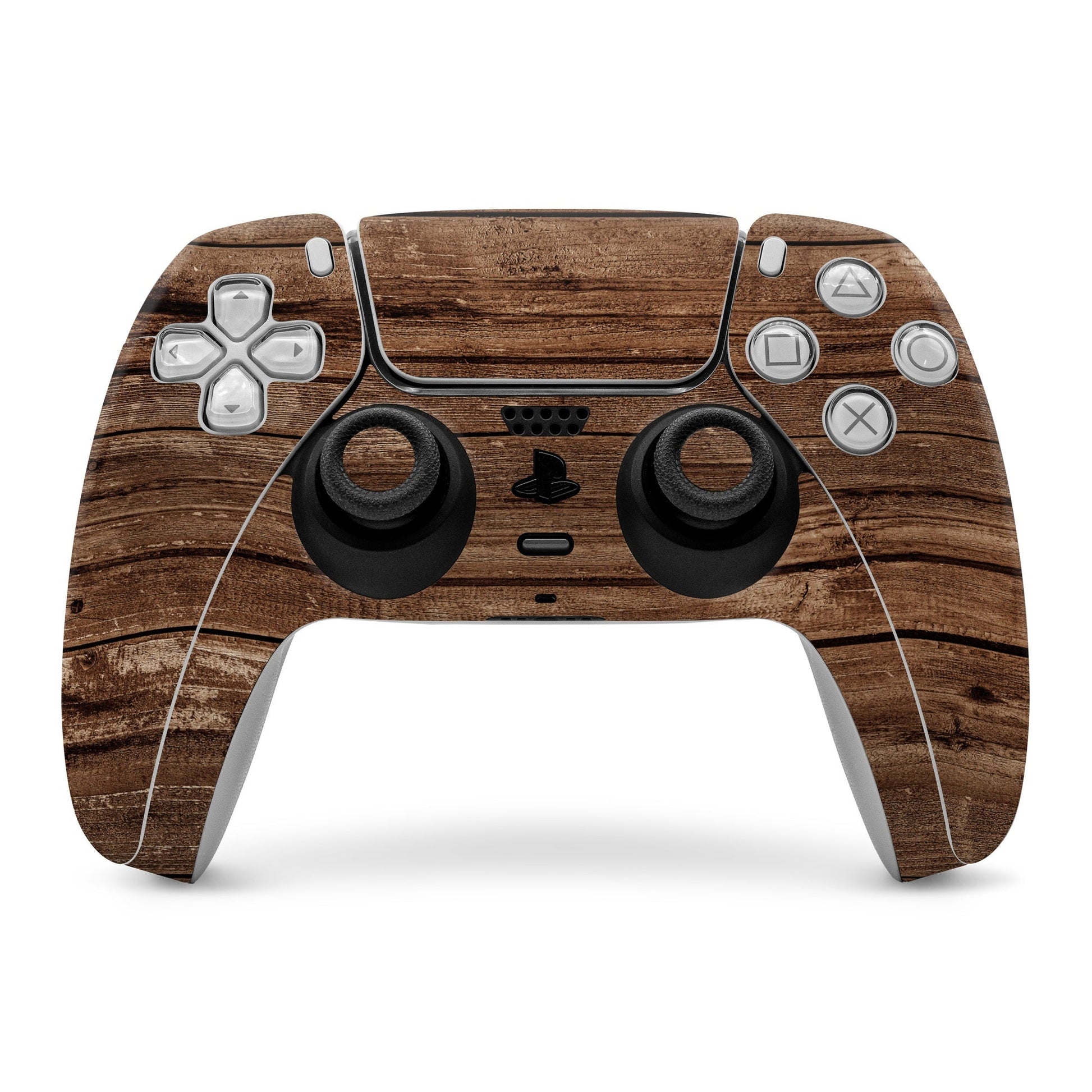 Wood-grain PS5 controller skin with cutouts for buttons and sticks