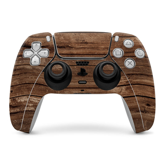 Wood-grain PS5 controller skin with cutouts for buttons and sticks
