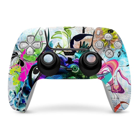 PS5 controller skin with colorful abstract graffiti artwork and cutout button areas