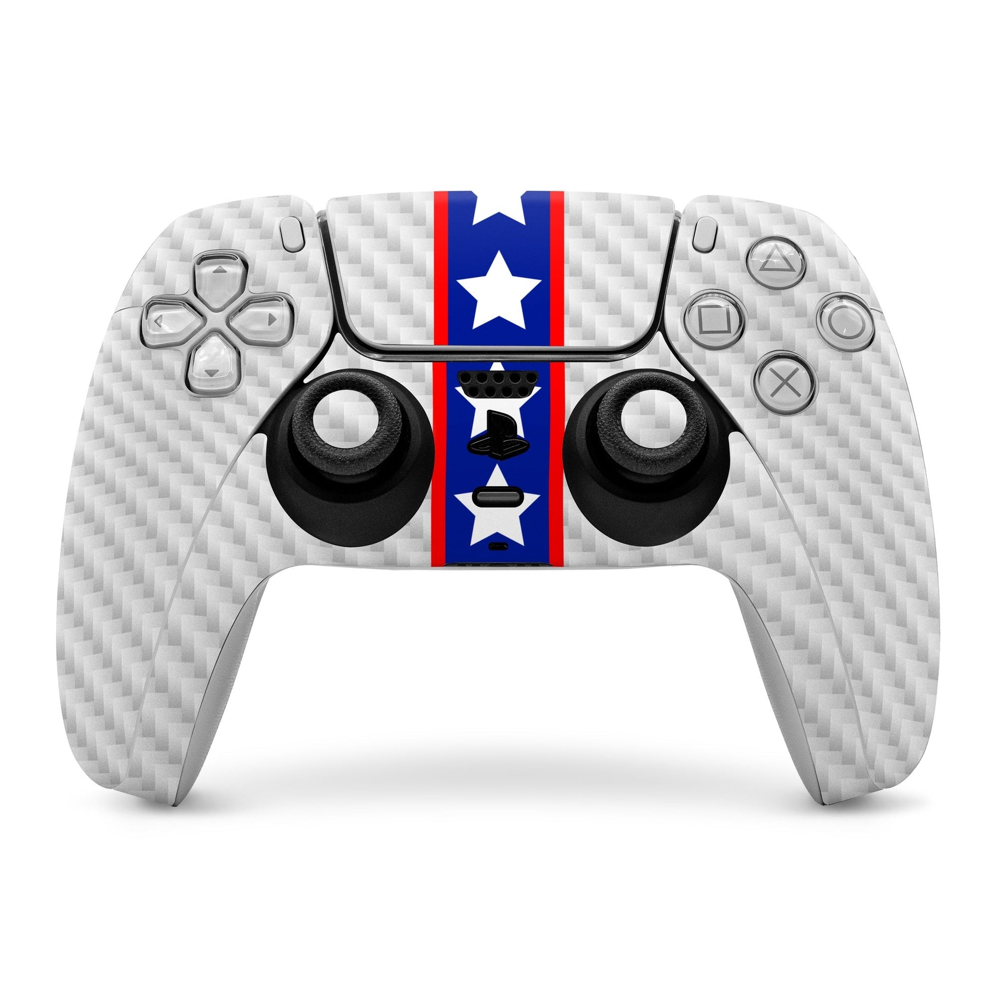 PS5 controller skin with white carbon pattern and blue-red star stripe design