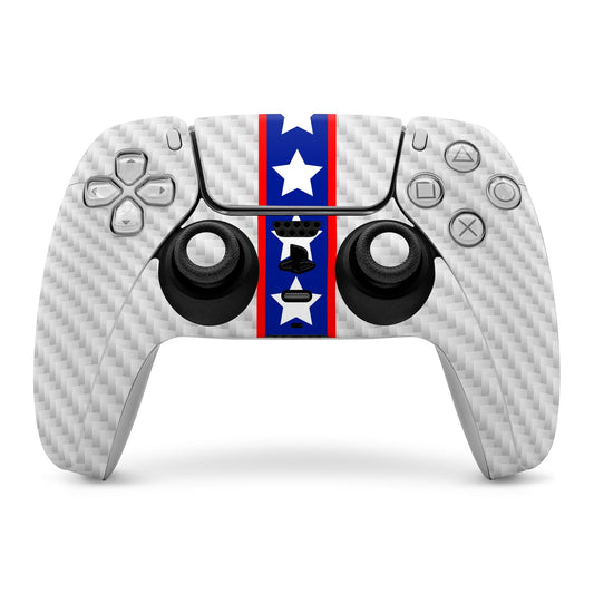 PS5 controller skin with white carbon pattern and blue-red star stripe design