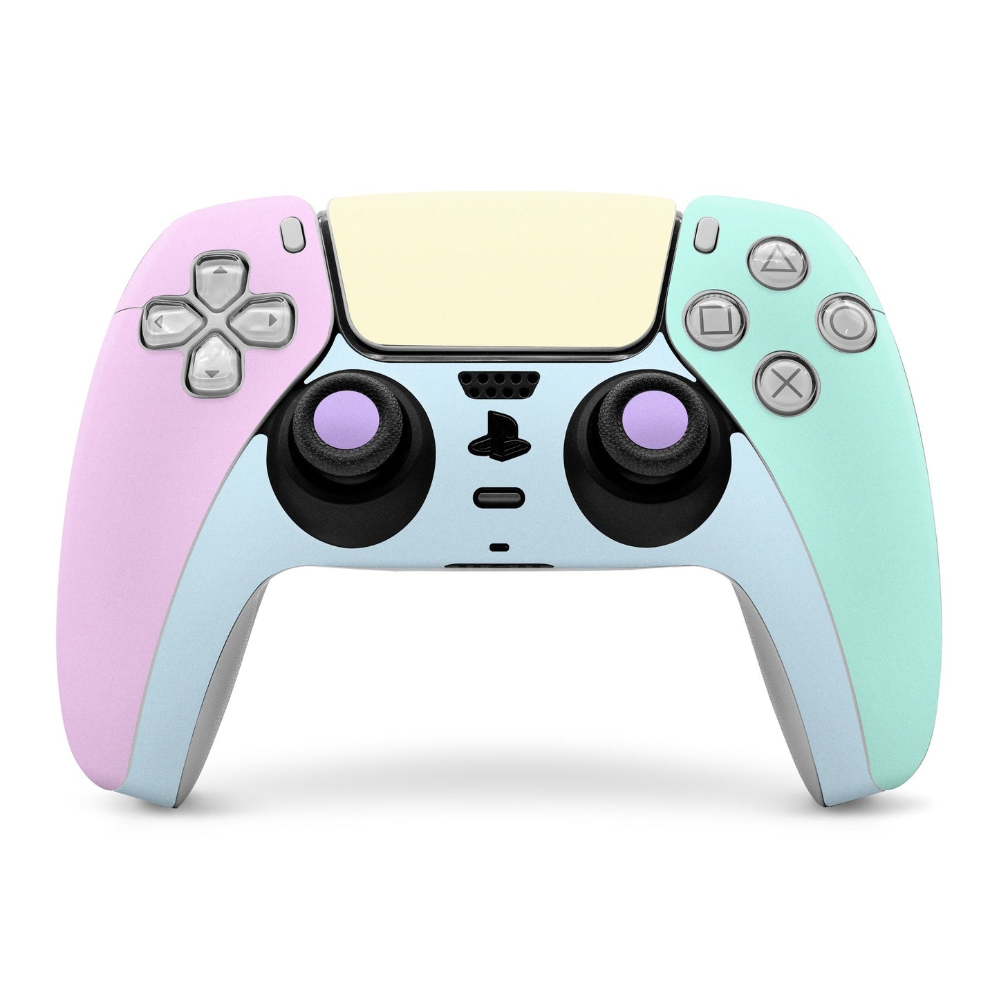 PS5 controller skin with pastel purple, mint, and cream panels and black buttons