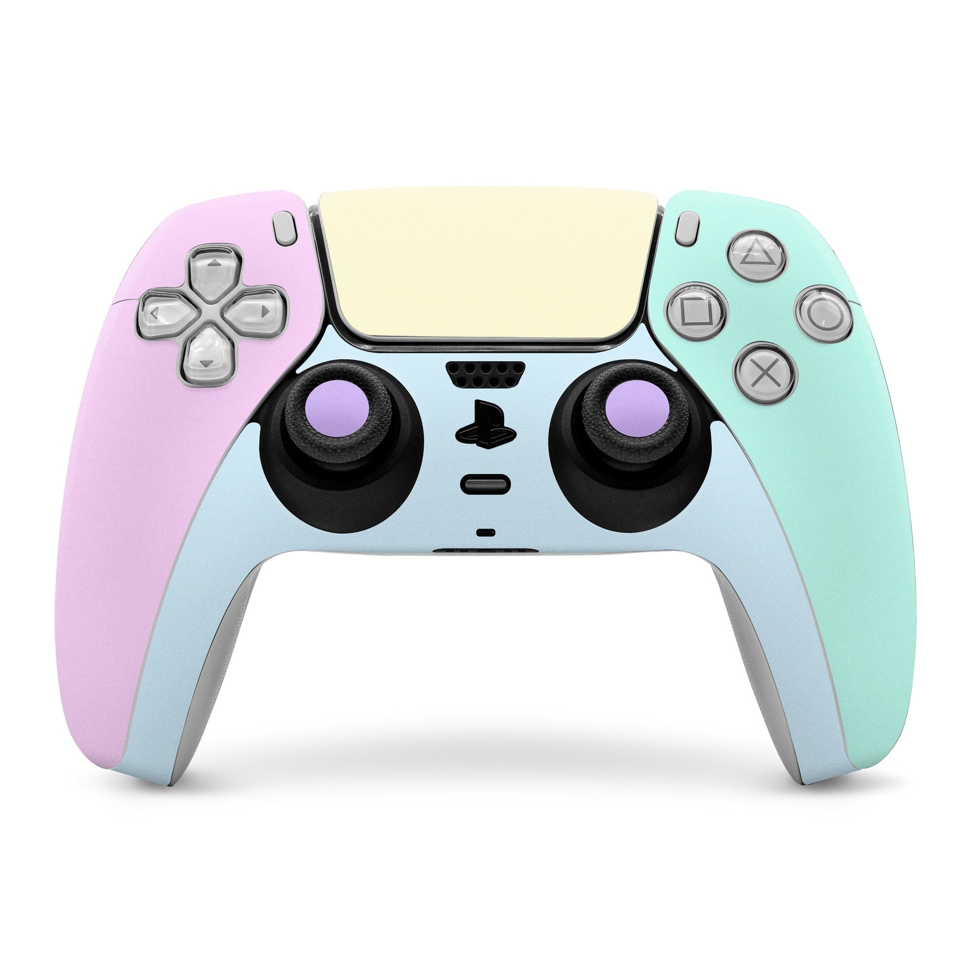 PS5 controller skin with pastel purple, mint, and cream panels and black buttons