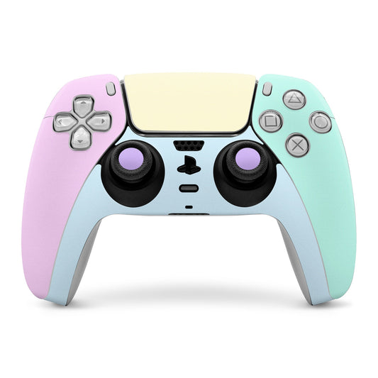PS5 controller skin with pastel purple, mint, and cream panels and black buttons