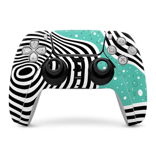 Sony PS5 controller skin with black-and-white striped pattern and teal bubble accents