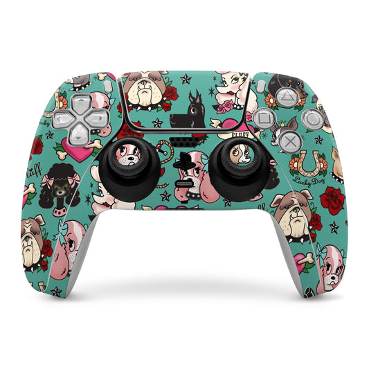 PS5 controller skin with teal cartoon dog and rose pattern, full back and buttons coverage