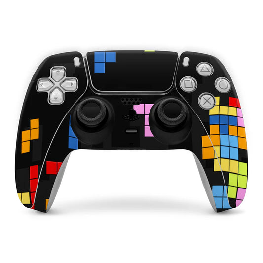 PlayStation 5 controller skin with black base and multicolor pixel block design