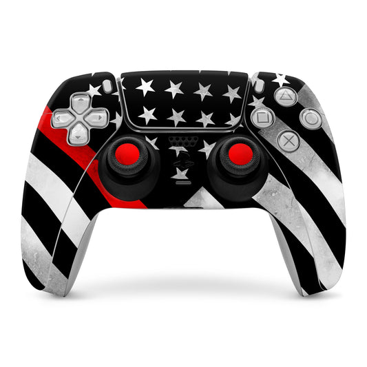 PS5 controller skin with black star pattern, red accents, and matching button icons.