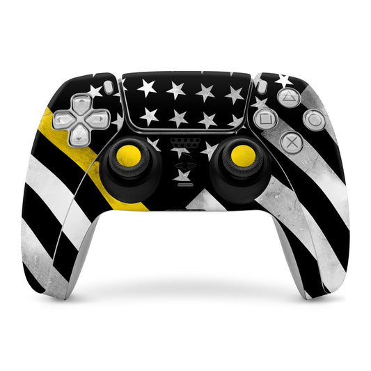 PS5 controller skin with black star pattern and yellow accent stripe, front wrap