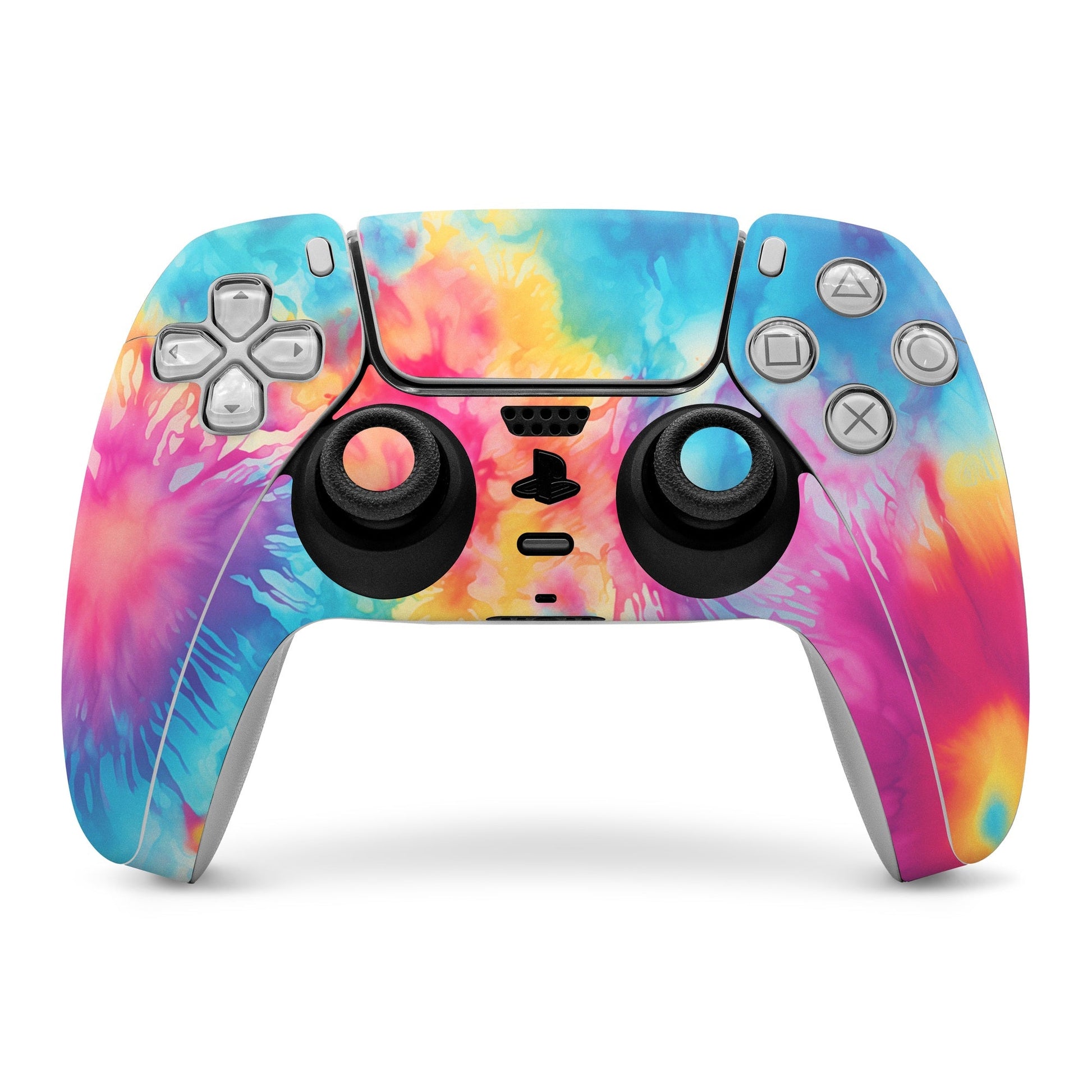 PS5 DualSense controller skin with colorful tie-dye swirl artwork