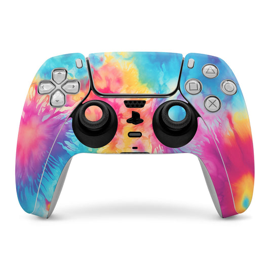 PS5 DualSense controller skin with colorful tie-dye swirl artwork