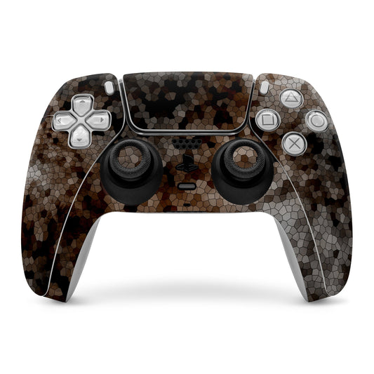 PS5 controller skin with hexagon camo pattern in dark brown and black