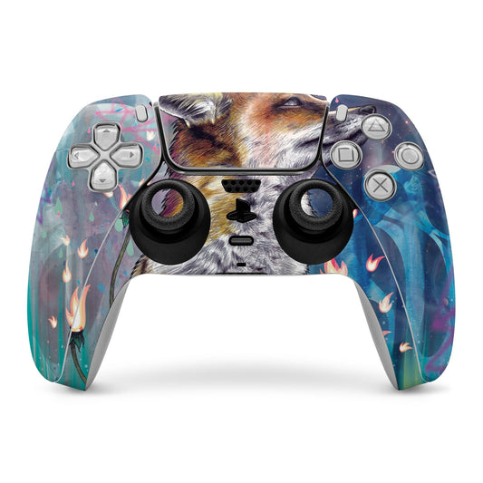 PS5 controller skin with cat face design, colorful flames and blue accents