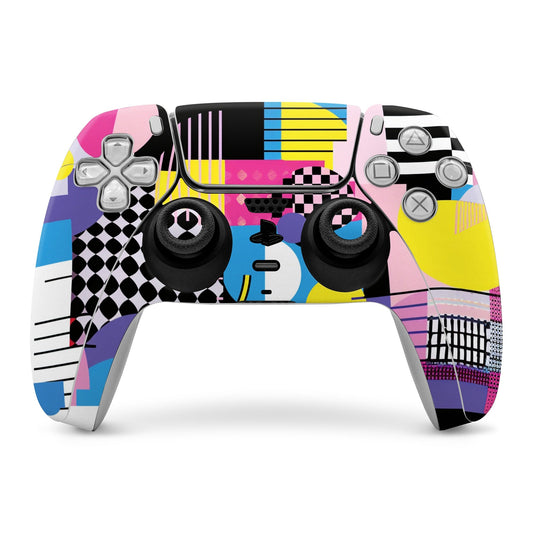 PS5 controller skin with colorful geometric and racing stripe graphics