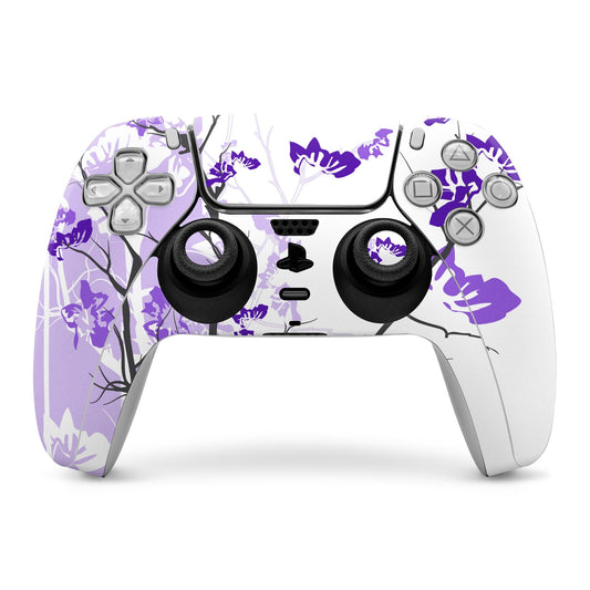PlayStation 5 controller skin, white base with purple floral vine and butterfly graphics