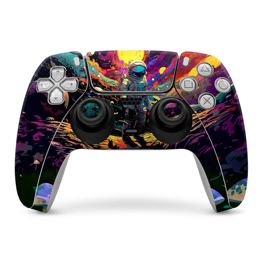 PS5 controller skin with colorful space graphic covering face and buttons around thumbsticks