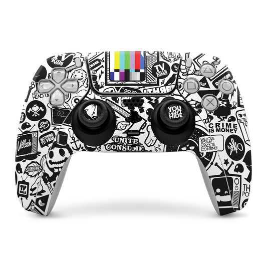 PS5 controller skin, black-and-white street art with colorful barcode patch