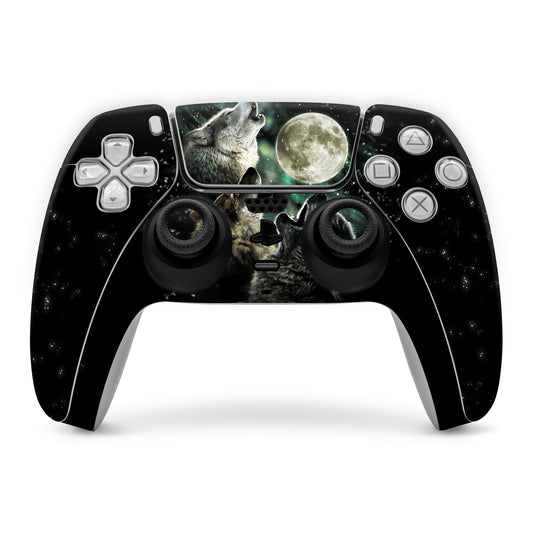 PS5 controller skin with wolf and moon graphic across touchpad and buttons