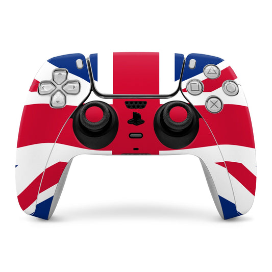 PlayStation 5 controller skin with Union Jack flag red, blue, and white pattern