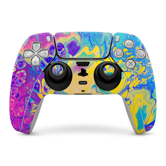 PS5 controller skin with purple blue yellow swirl graphic covering front and thumbsticks