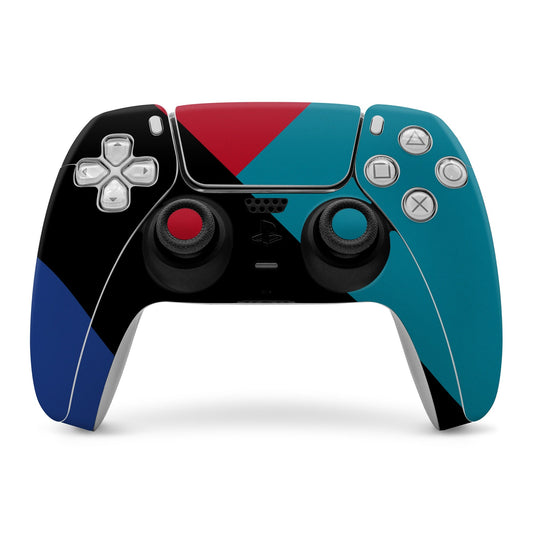 PlayStation 5 controller skin with geometric red, teal, blue and black design