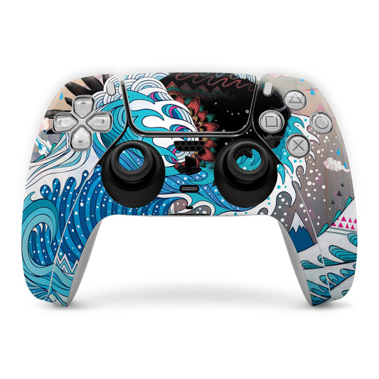 PS5 controller skin with colorful cartoon graphic, molded for touchpad and buttons