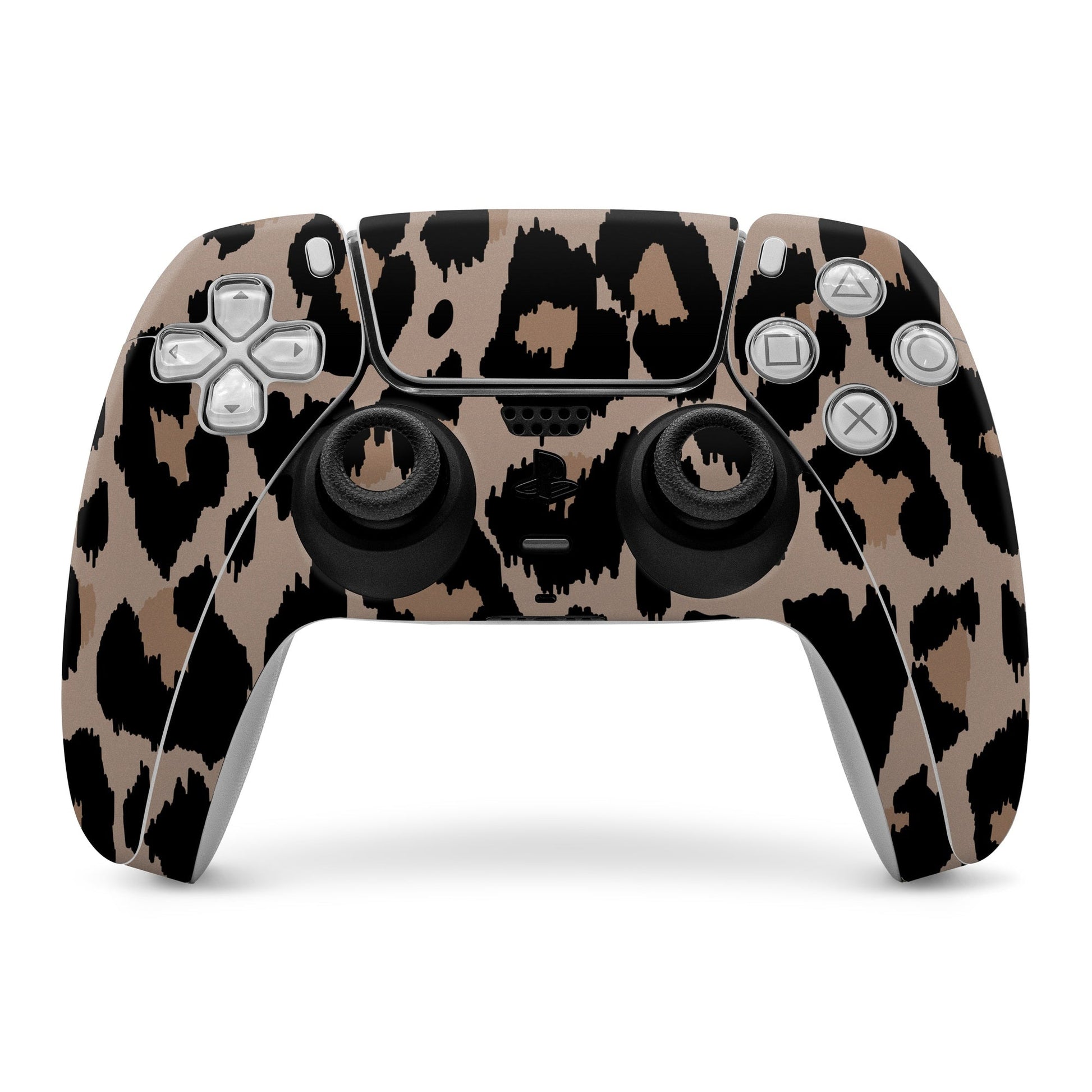 Sony PS5 controller skin with beige and black camo pattern over face buttons