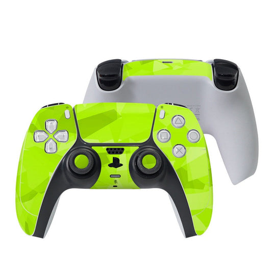 PS5 controller skin, neon green geometric pattern on front controls