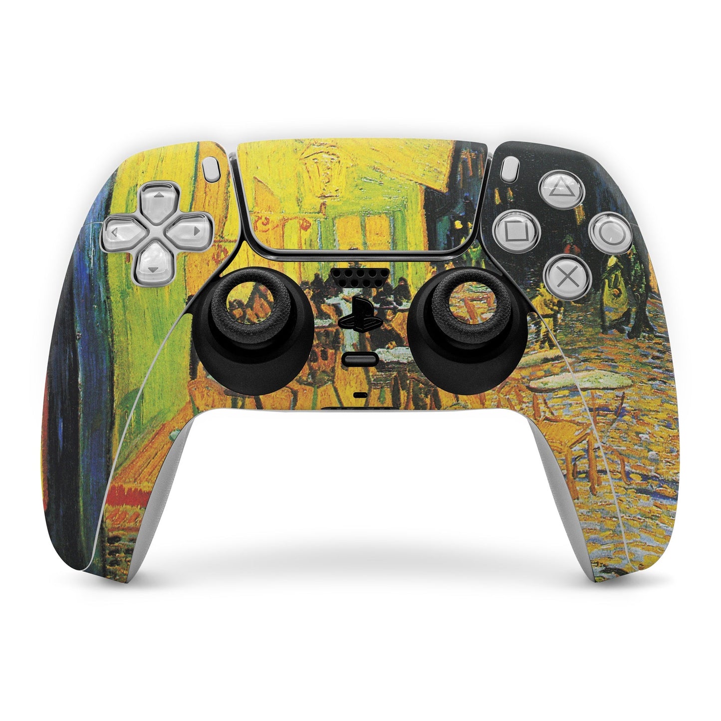 PS5 controller skin with vibrant multicolor artwork over buttons and joysticks
