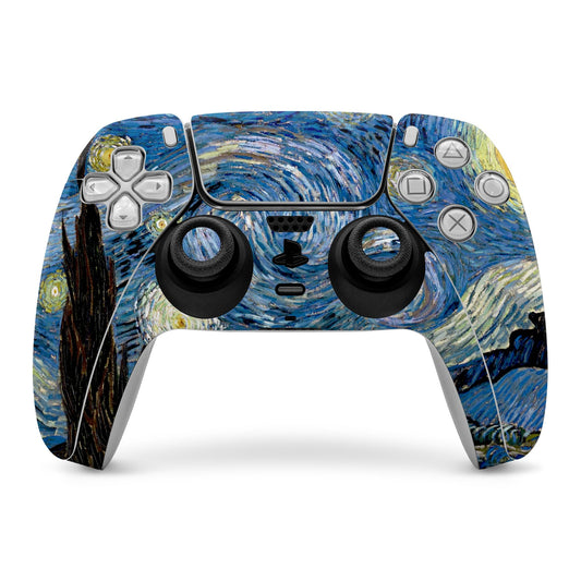 PS5 controller skin with Starry Night blue swirl art and cutouts for buttons and thumbsticks