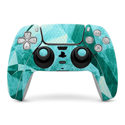 PlayStation 5 controller skin with turquoise and green geometric pattern, button cutouts